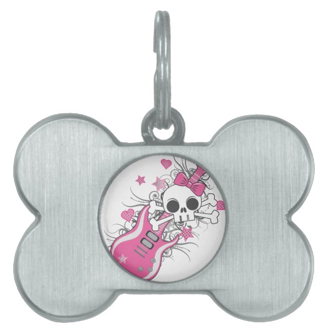 Placa Para Mascotas Cráneo lindo con guitarra rosa (Frente)