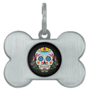 Placa Para Mascotas Cráneo mexicano coloreado del azúcar del tatuaje