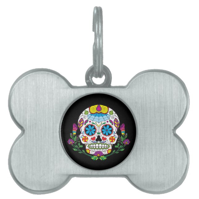 Placa Para Mascotas Cráneo mexicano coloreado del azúcar del tatuaje (Frente)