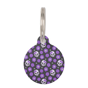Placa Para Mascotas Cráneos y flores violetas