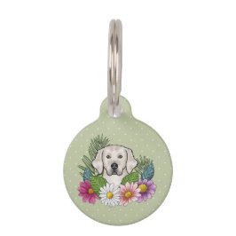 Placa Para Mascotas Cream Golden Retriever Dog Colorful Flowers Green