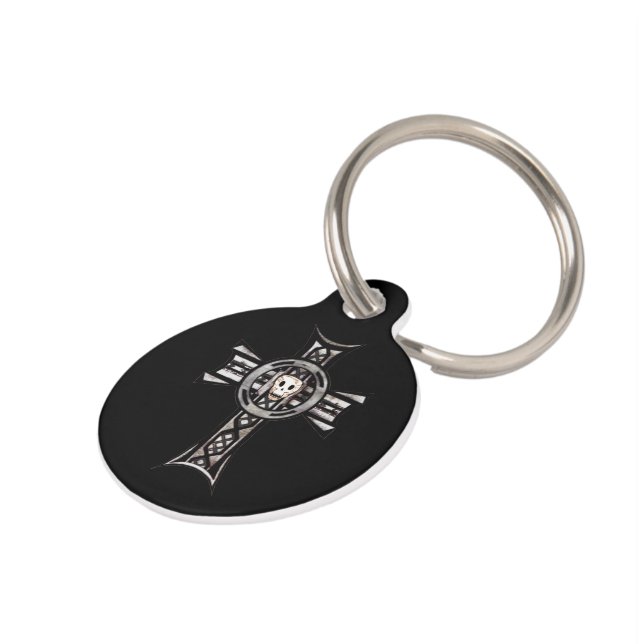 Placa Para Mascotas Cruz Celta y Calavera (Plata) (Lateral)