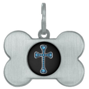 Placa Para Mascotas Cruz cristiana con piedras "Aquamarine"