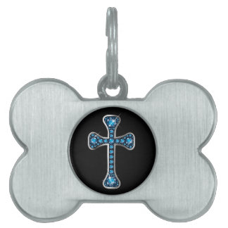 Placa Para Mascotas Cruz cristiana con piedras "Aquamarine"