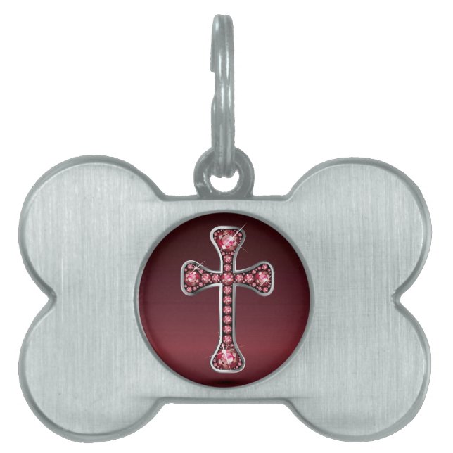Placa Para Mascotas Cruz cristiana con piedras de "rubí" (Frente)