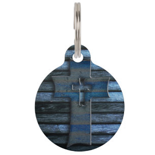 Placa Para Mascotas Cruz de madera azul