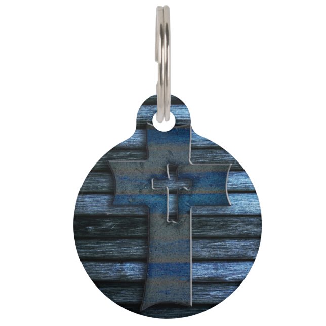 Placa Para Mascotas Cruz de madera azul (Reverso)