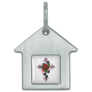 Placa Para Mascotas Cruz de Plata con una Rosa Roja