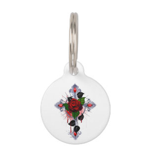 Placa Para Mascotas Cruz de Plata con una Rosa Roja
