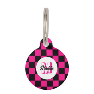 Placa Para Mascotas Cuadrados controlados Monograma retro negro rosado