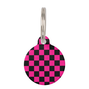 Placa Para Mascotas Cuadrados controlados retro geométrico negro rosa