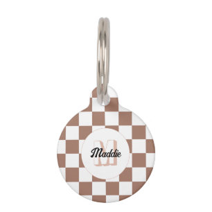 Placa Para Mascotas Cuadrados de damero mocha marrón blanco Monograma