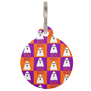 Placa Para Mascotas Cuadrados Morados y Naranjas de Halloween Boo Fant