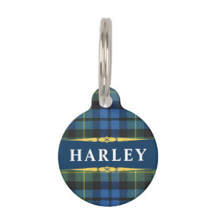 Placa Para Mascotas Cuadro Escocés Tartán Azul Negro Dorado Personaliz