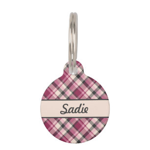 Placa Para Mascotas Cuadro rosa, crema y gris con nombre personalizado