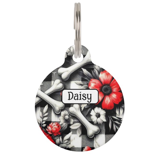 Placa Para Mascotas Cuadros de gingham con monograma negro blanco rojo (Anverso)