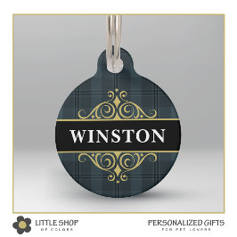 Placa Para Mascotas Cuadros Escoceses Gris Negro Personalizados