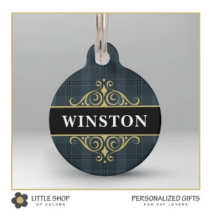 Placa Para Mascotas Cuadros Escoceses Gris Negro Personalizados