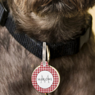 Placa Para Mascotas Cuadros Rojos y Blancos con Monograma
