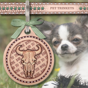 Placa Para Mascotas Cuero Natural Mal Al Calavero De La Vaca Grabado e