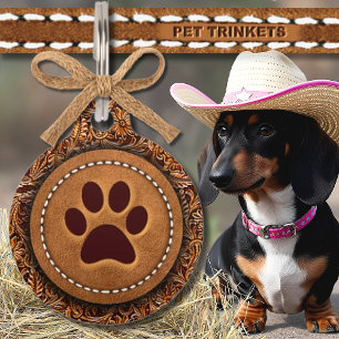 Placa Para Mascotas Cuero trabajado y cosido con huella de pata