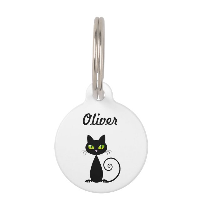 Placa Para Mascotas Cuidado gato negro con ojos verdes sentado en Guay (Anverso)