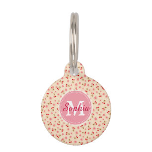 Placa Para Mascotas Cuidados adorables cerezas en monograma y flores