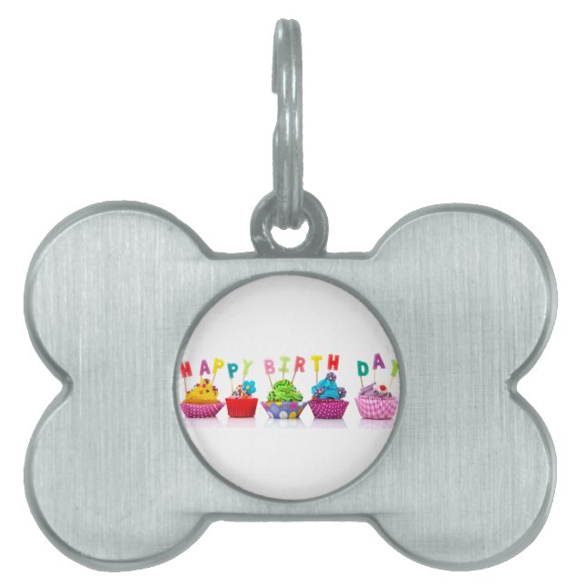 Placa Para Mascotas Cupcakes de Cumpleaños Feliz (Frente)