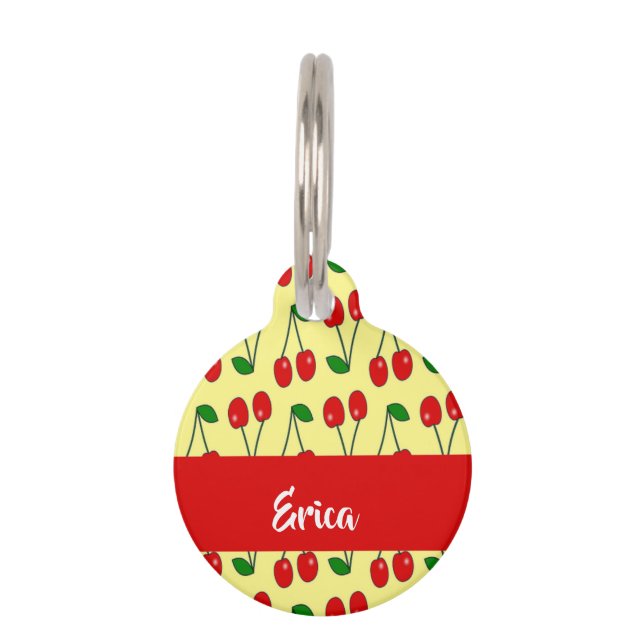 Placa Para Mascotas Custom name red cherries on yellow (Anverso)