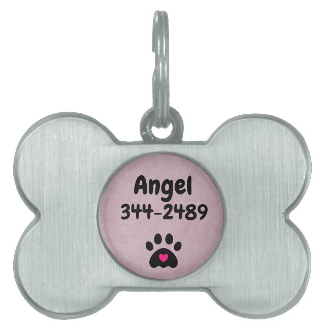Placa Para Mascotas Cuta con nombre y número de teléfono | Fondo rosa (Frente)