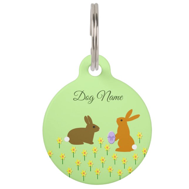 Placa Para Mascotas Cute Easter Bunnies and Daffodils Personalizado (Anverso)