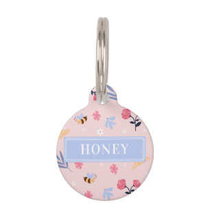 Placa Para Mascotas Cute Honey Bee Flores Rosa Ronda Etiqueta De Masco