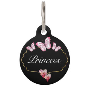 Placa Para Mascotas Cute mariposa rosa Corazón rosa Marco dorado