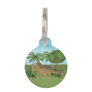 Placa Para Mascotas Cute Triceratops Dinosaur Árboles de Palma Tropica