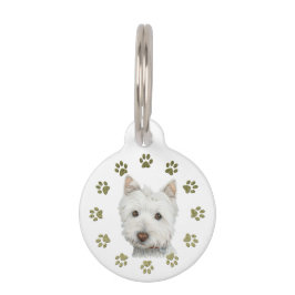 Placa Para Mascotas Cute Westig Dog and Paws Art Dog Etiqueta