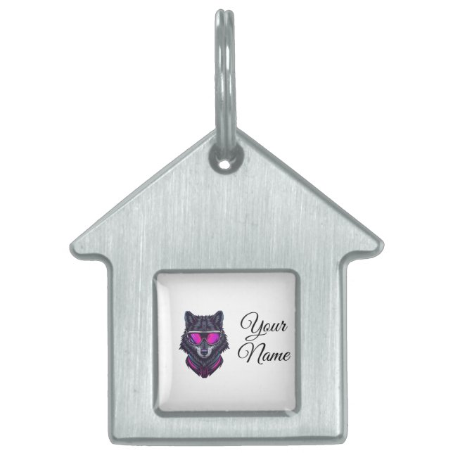 Placa Para Mascotas Cyberpunk Wolf Neon Art Personalizable Name Mug -  (Frente)