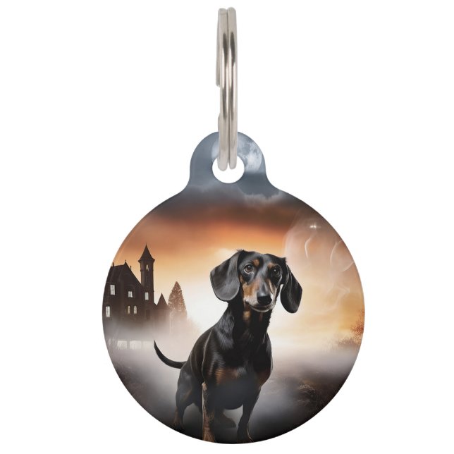 Placa Para Mascotas Dachshund de Halloween aterrador (Anverso)