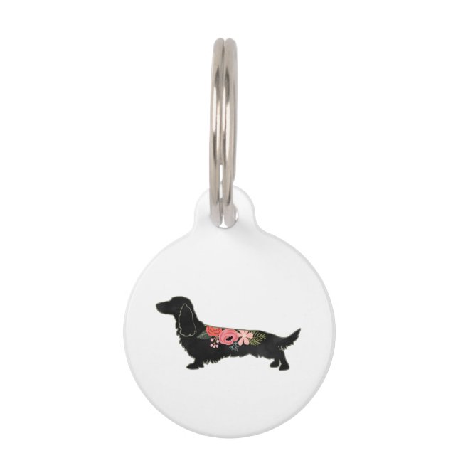 Placa Para Mascotas Dachshund de pelo largo Silueta floral bohemia (Anverso)