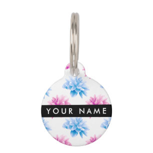 Placa Para Mascotas Dahlia rosa y azul, patrón floral, nombre