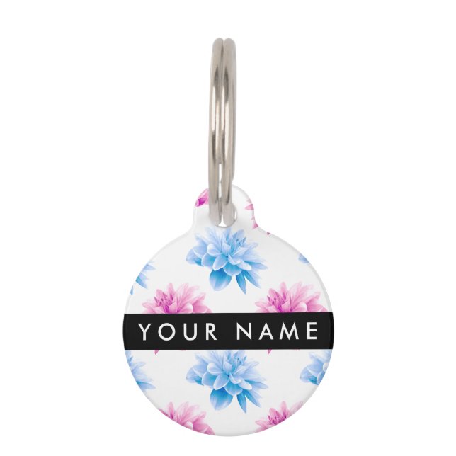 Placa Para Mascotas Dahlia rosa y azul, patrón floral, nombre (Anverso)