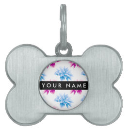 Placa Para Mascotas Dahlia rosa y azul, patrón floral, nombre