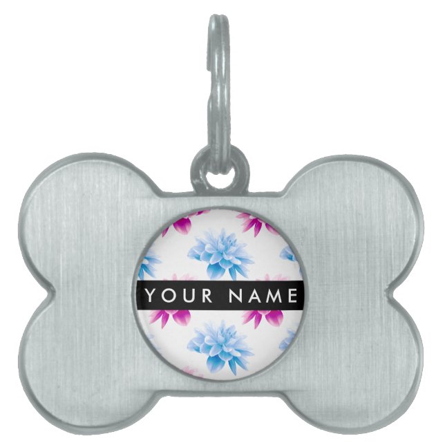 Placa Para Mascotas Dahlia rosa y azul, patrón floral, nombre (Frente)