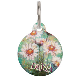 Placa Para Mascotas Daisies Impressionistic Floral Teal Personalized