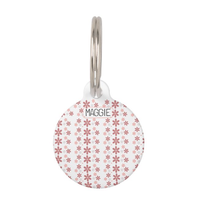 Placa Para Mascotas Daisy floral rosa y gris (Anverso)