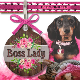 Placa Para Mascotas Dama de Bosque de Madera Floral Rosa