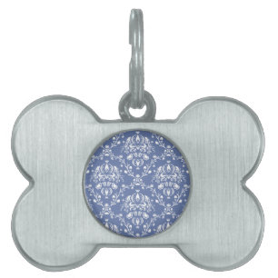 Placa Para Mascotas Damasco blanco y azul de guijarros