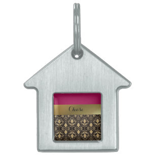 Placa Para Mascotas Damasco de oro y casa de Mascota rojo