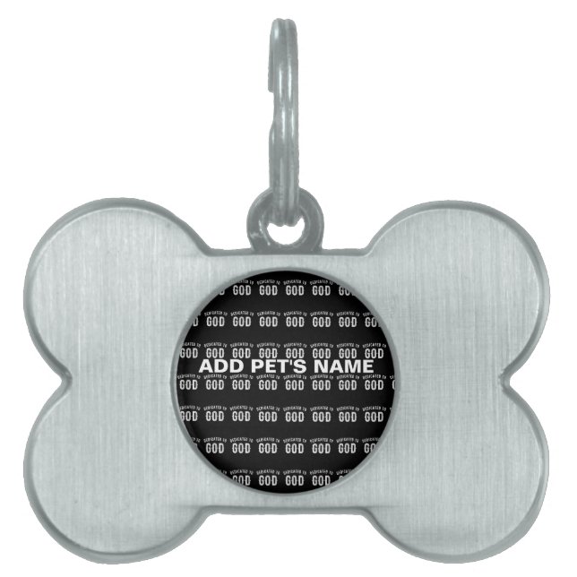 PLACA PARA MASCOTAS DEDICADO A DIOS PERSONALIZABLE GUAY TEXTO BLANCO (Frente)
