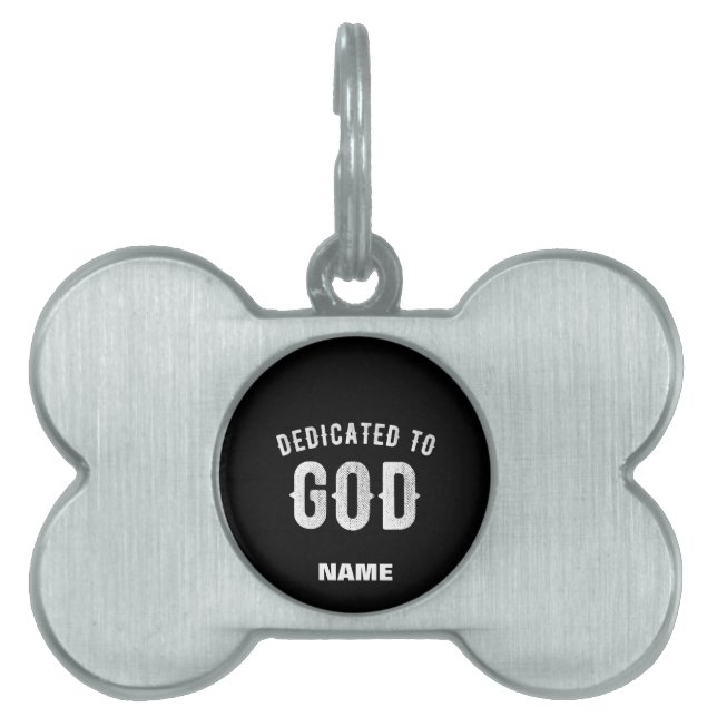 PLACA PARA MASCOTAS DEDICADO A DIOS PERSONALIZABLE GUAY TEXTO BLANCO (Frente)