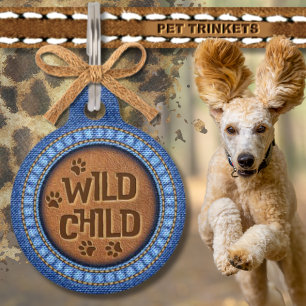 Placa Para Mascotas Denim azul y cuero marrón niño salvaje